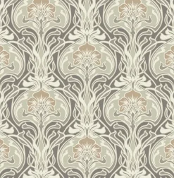 Sale Brewster/ASP 2970-26150 Mucha Dark Grey Botanical Ogee Wallpaper