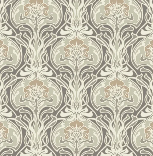 Sale Brewster/ASP 2970-26150 Mucha Dark Grey Botanical Ogee Wallpaper