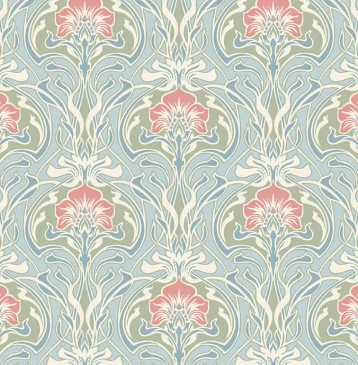 Clearance Brewster/ASP 2970-26152 Mucha Light Blue Botanical Ogee Wallpaper