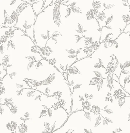 Hot Brewster 2836-24977 Ophelia Grey Bird Trail Wallpaper
