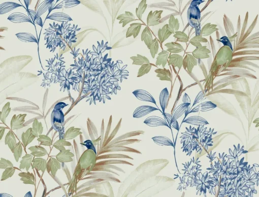 Hot York TL1928 Green/Blue Handpainted Songbird Wallpaper