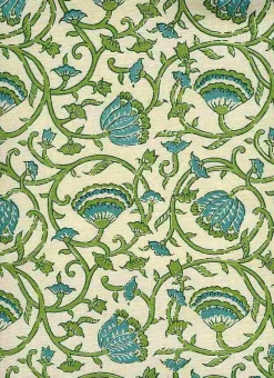 Outlet Laura Kiran Tulipvine Handprint Natural Teal Jade Fabric