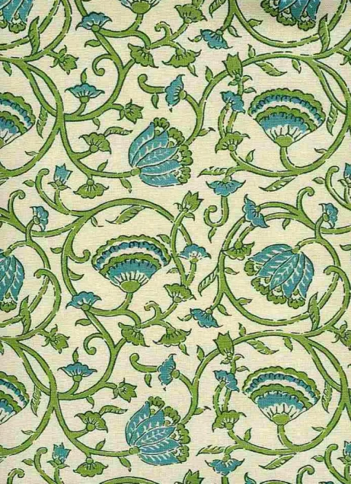 Outlet Laura Kiran Tulipvine Handprint Natural Teal Jade Fabric