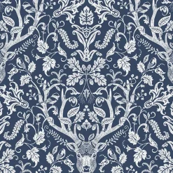 Brewster 3118-12703 Kiwassa Navy Antler Damask Wallpaper