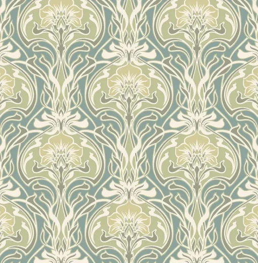 Brewster/ASP 2970-26151 Mucha Teal Botanical Ogee Wallpaper
