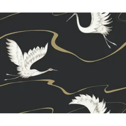 York BW3871 Black Gold Soaring Cranes Wallpaper