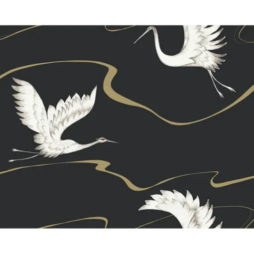 York BW3871 Black Gold Soaring Cranes Wallpaper