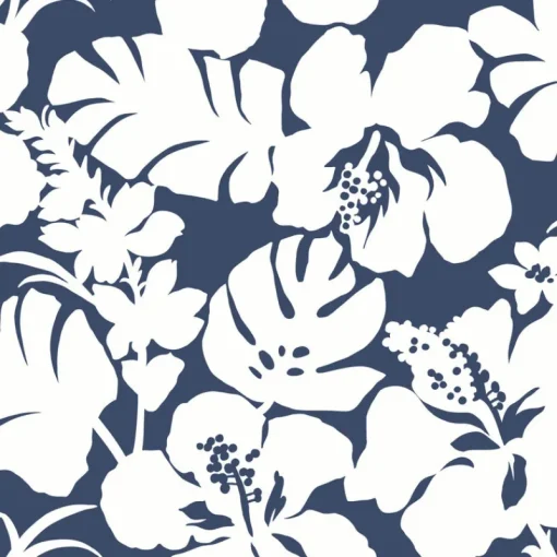York CV4441 Navy Hibiscus Arboretum Wallpaper