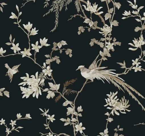 York KT2173 Black Bird And Blossom Chinoserie Wallpaper