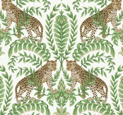 York KT2203 White/Green Jungle Leopard Wallpaper