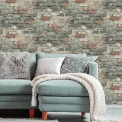 Stock/York/Roomates RMK11080WP Rust Taupe Grey Brick Alley Peel & Stick Wallpaper