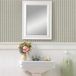 Brewster Sage Hill Roslin Dark Grey Check Wallpaper